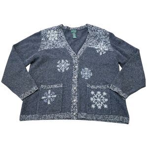 Country Classic Vintage Gray Snowflake Cardigan Sweater. Sz. L